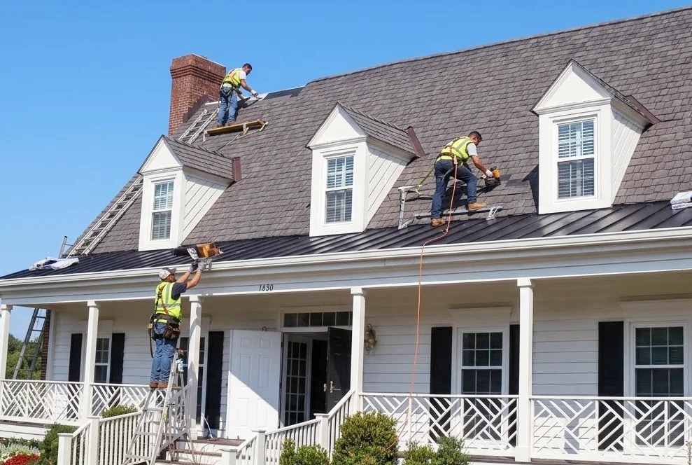 Residential roofing contractors finishing a roofing project in the DMV area by Insured Exteriors