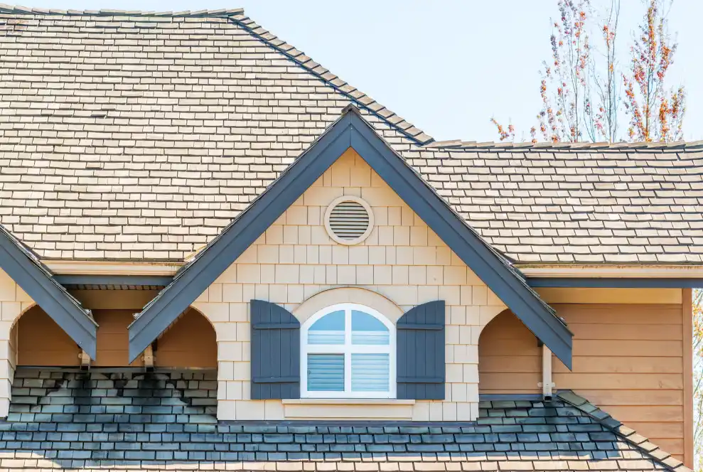 Side view of finished cedar shake roofing project by cedar shake roofing contractor in the DMV area